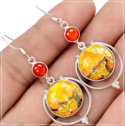 Natural Indonesian Bumble Bee Jasper, Carnelian set in Solid .925 Sterling Silver Earrings