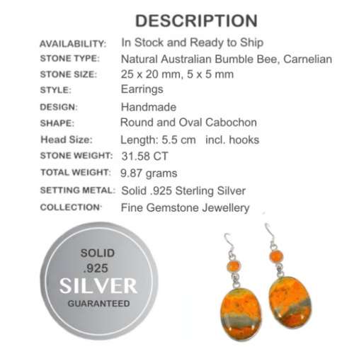 Natural Australian Bumble Bee Jasper and Carnelian set in Solid .925 Sterling Silver Earrings