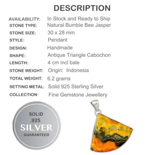23.74 Cts Incredible Natural Indonesian Bumble Bee Jasper set in Solid .925 Sterling Silver Pendant