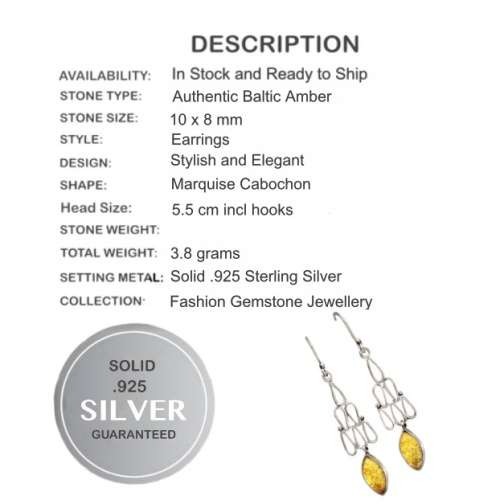 Natural Baltic Amber set In Solid .925 Sterling Silver Drop Dangle Earrings