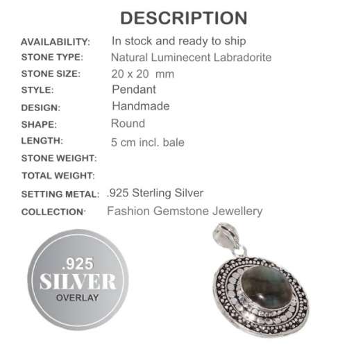 Natural Luminescent Labradorite Gemstone  .925 Silver  Pendant