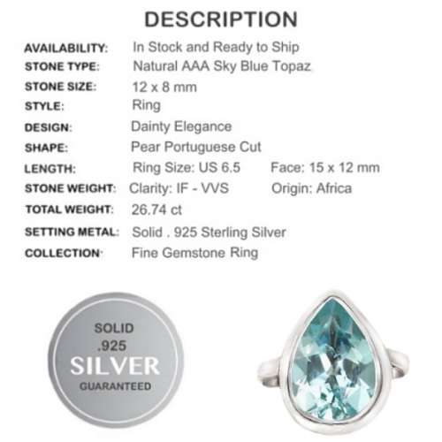 12 x 8 mm Natural Pear Cut Sky Blue Topaz  Gemstone in Solid .925 Sterling Silver Ring Size 6.5 / N
