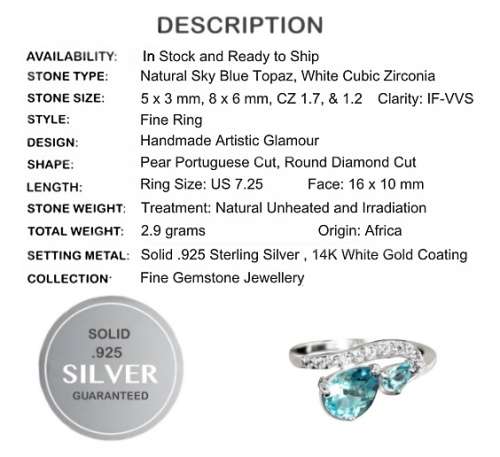Natural Unheated Blue Topaz, White Cubic Zirconia Gemstone Solid .925 Silver Ring Size 7.25
