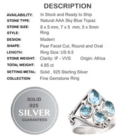 4.85 cts Natural Blue Topaz Gemstone set  Solid .925  Sterling Silver 14K W/ Gold Ring US 8.5 / Q1/2