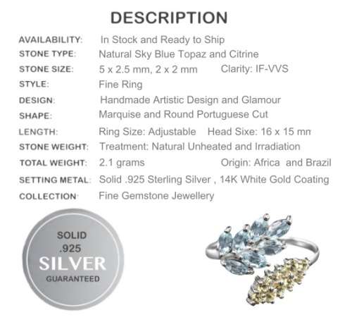 Natural Unheated Blue Topaz and Citrine Gemstones set in Solid .925 Sterling Silver Adjustable Size