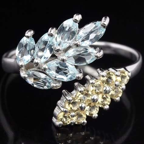 Natural Unheated Blue Topaz and Citrine Gemstones set in Solid .925 Sterling Silver Adjustable Size