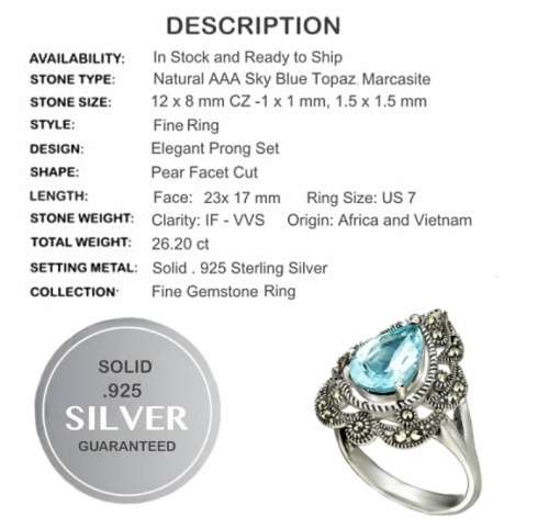 Natural Pear Shape Sky Blue Topaz Marcasite Solid .925 Sterling Silver Size 7 OR O