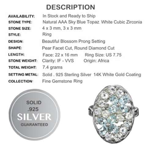 Natural Sky Blue Topaz, White Cubic Zirconia Gemstone in Solid .925 Sterling Silver Ring Size 7.75