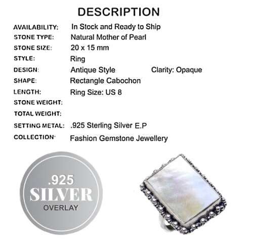 Natural Mother of Pearl Rectangle set in Antique Style. 925 Sterling Silver Ring Size US 8 / Q