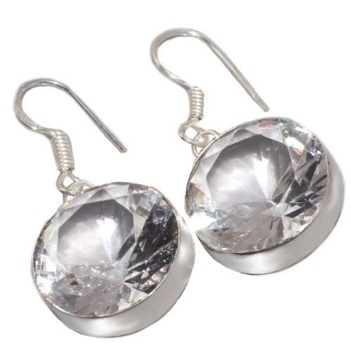 Clear Quartz Round Facet Cut set in .925 Sterling Silver Plated handmade Drop Dangle Earrings