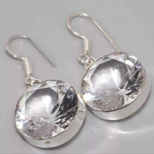 Clear Quartz Round Facet Cut set in .925 Sterling Silver Plated handmade Drop Dangle Earrings