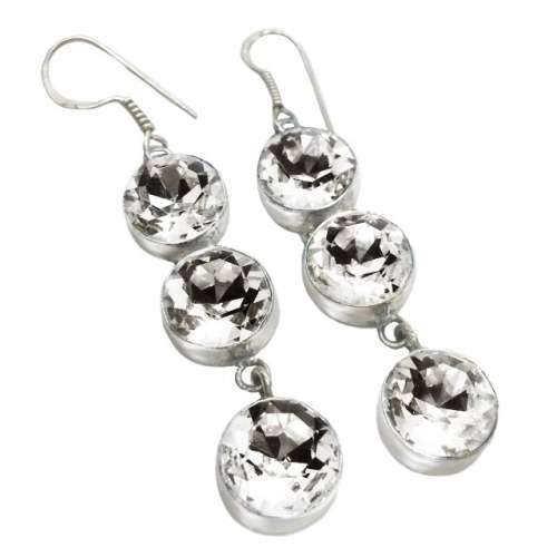 Crystal Quartz Round Facet Cut set in .925 Sterling Silver Plated Handmade Drop Dangle Earrings