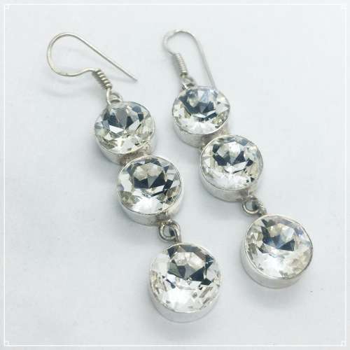 Crystal Quartz Round Facet Cut set in .925 Sterling Silver Plated Handmade Drop Dangle Earrings