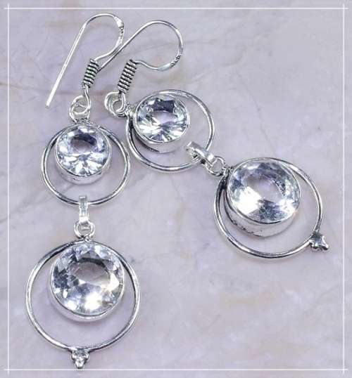 Clear Quartz Facet Cut Rounds set in .925 Sterling Silver Handmade Earrings