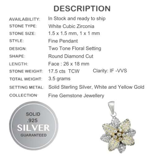Two Tone AAA White Diamond Cut Cubic Zirconia Solid .925 Sterling Silver Pendant