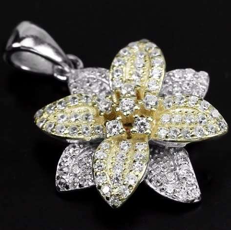 Two Tone AAA White Diamond Cut Cubic Zirconia Solid .925 Sterling Silver Pendant