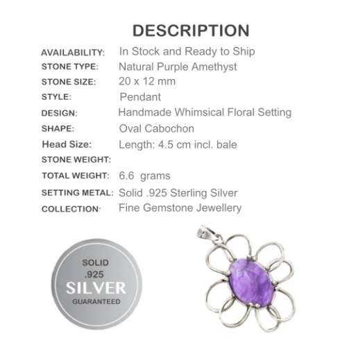 Whimsical Floral Purple Amethyst Oval Gemstone in Solid .925 Sterling Silver Pendant