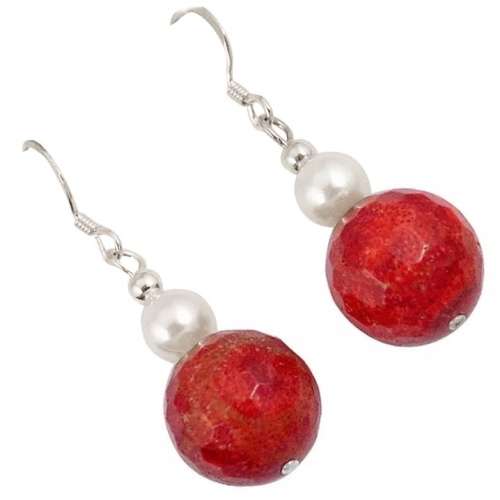 15.86 cts Natural Faceted Red Sponge Coral, White Pearl set in Solid .925 Sterling Silver Earrings