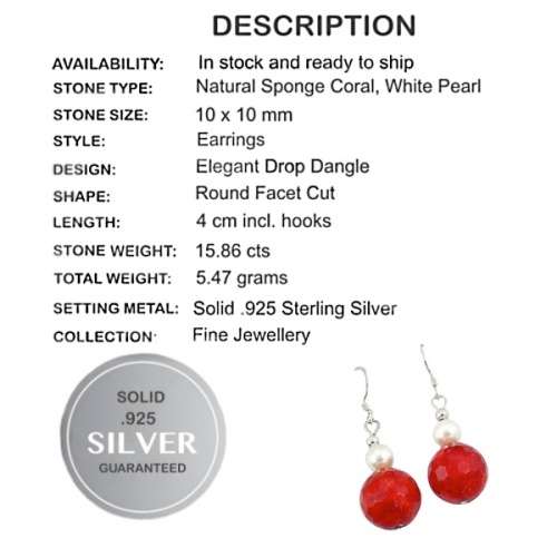 15.86 cts Natural Faceted Red Sponge Coral, White Pearl set in Solid .925 Sterling Silver Earrings