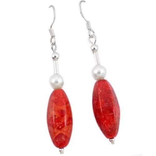 13.66 cts Natural Faceted Red Sponge Coral, White Pearl in Solid .925 Sterling Silver Earrings