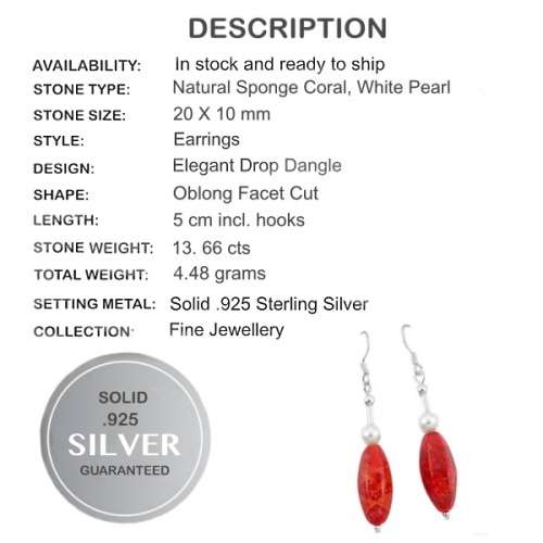 13.66 cts Natural Faceted Red Sponge Coral, White Pearl in Solid .925 Sterling Silver Earrings