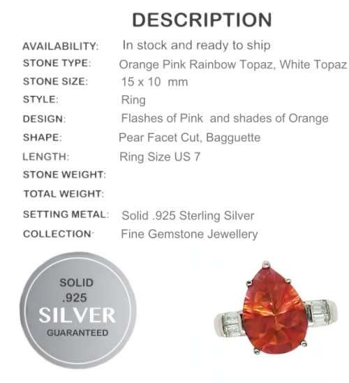Dekuxe Natural Orange Rainbow Topaz, White Cubic Zirconia Solid .925 Sterling Silver Ring Size 7/ O
