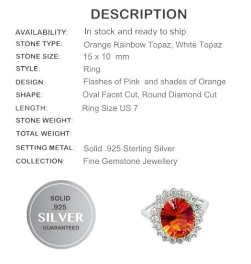 Premium Rare Orange/Pink Rainbow Topaz, White Topaz Solid .925 Sterling Silver Ring Size 7 or O