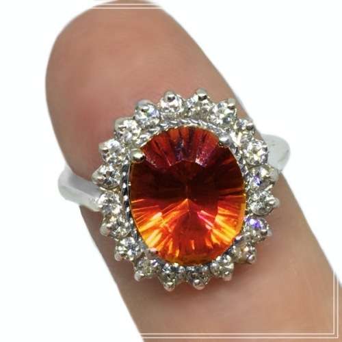 Premium Rare Orange/Pink Rainbow Topaz, White Topaz Solid .925 Sterling Silver Ring Size 7 or O