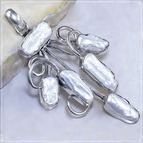 One of a Kind Biwa Pearl set in . 925 Sterling Silver Plated Handmade Pendant