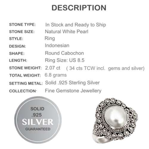 Indonesian Bali -Java Natural White Pearl set in Solid .925 Sterling Silver Ring Size US 8.5 or Q1/2