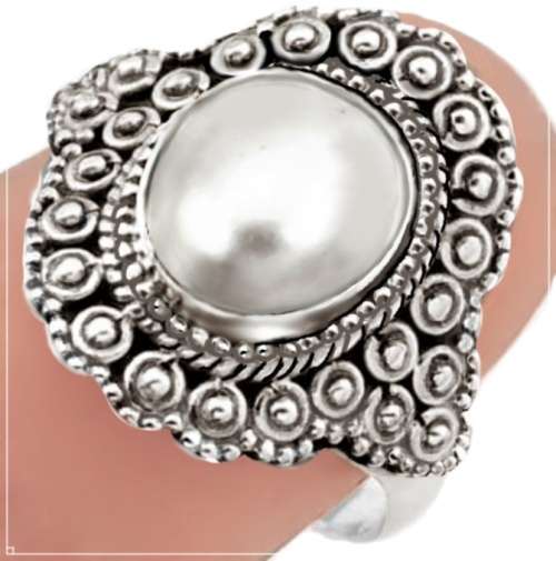 Indonesian Bali -Java Natural White Pearl set in Solid .925 Sterling Silver Ring Size US 8.5 or Q1/2