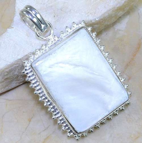 Handmade Natural Mother of Pearl Rectangle .925 Sterling Silver Plated Antique Style Pendant