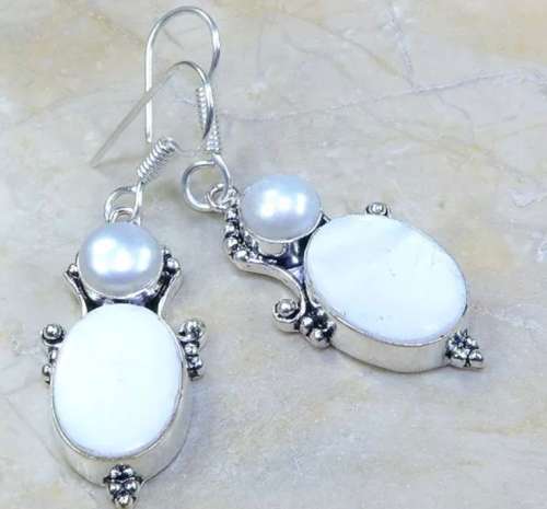 Natural Mother Of Pearl and White River Pearl set in .925 Sterling Silver Plated Handmade Earrings