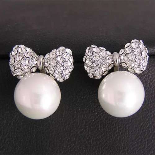 Elegant White Pearl and Crystal Bow Silver Plated Stud Earrings