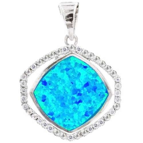 Blue Fire Opal, White Cubic Zirconia Gemstone Solid .925 Sterling Pendant