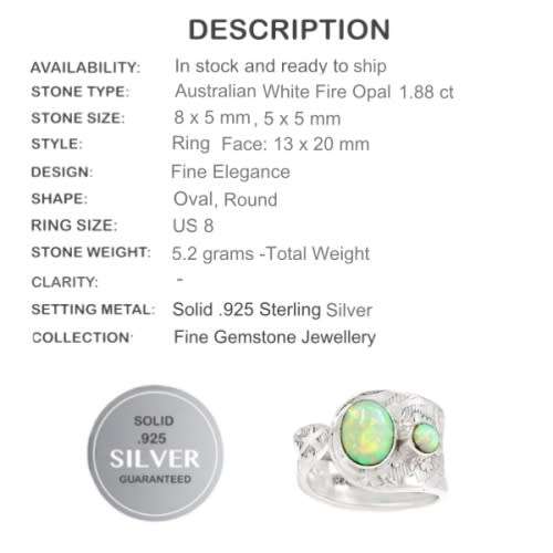 1.88 cts Australian White Fire Opal Gemstone Solid .925 Sterling Ring Size 8