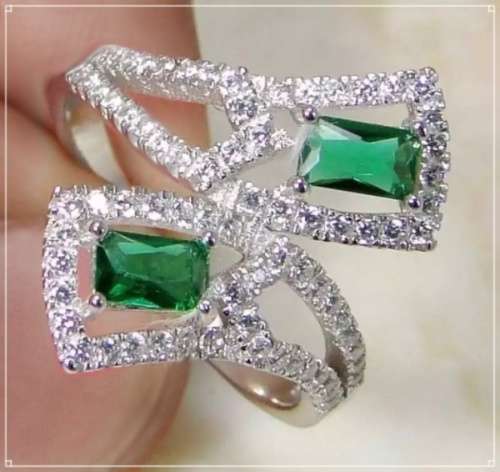 Handmade Tsavorite Quartz and White Topaz  .925  Sterling Silver Plated Ring Size 8 OR Q