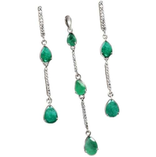 Breathtaking AAA Natural Zambian Emerald, White Cubic Zirconia Solid .925 Sterling Silver Set
