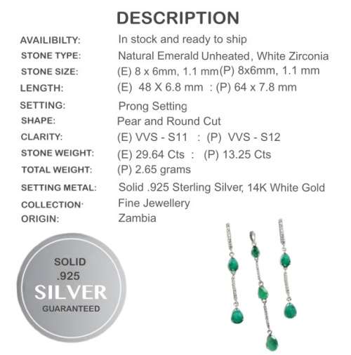 Breathtaking AAA Natural Zambian Emerald, White Cubic Zirconia Solid .925 Sterling Silver Set