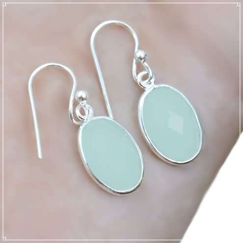 Dainty Aqua Green Chalcedony Ova set in l .925 Sterling Silver Plated Handmade Earrings