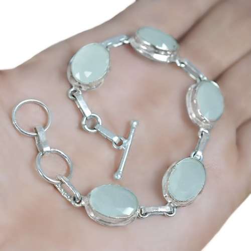 Aqua Green Chalcedony Ovals set in .925 Sterling Silver Plated Handmade Bracelet
