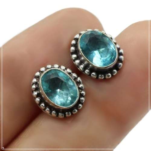 Blue Topaz Oval Gemstone set in .925 Sterling Silver Plated Handmade Stud Earrings