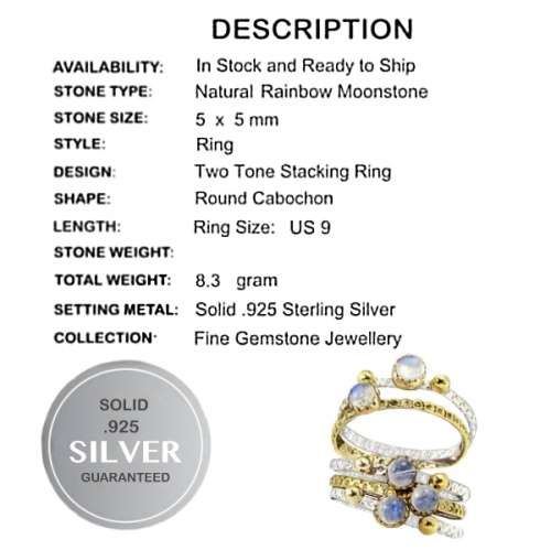 Two Tone Natural Rainbow Moonstone Stacking Ring set in Solid .925 Silver Size US 9 or R1/2