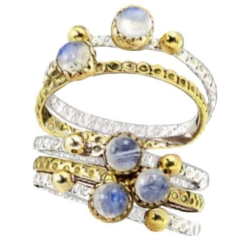 Two Tone Natural Rainbow Moonstone Stacking Ring set in Solid .925 Silver Size US 9 or R1/2