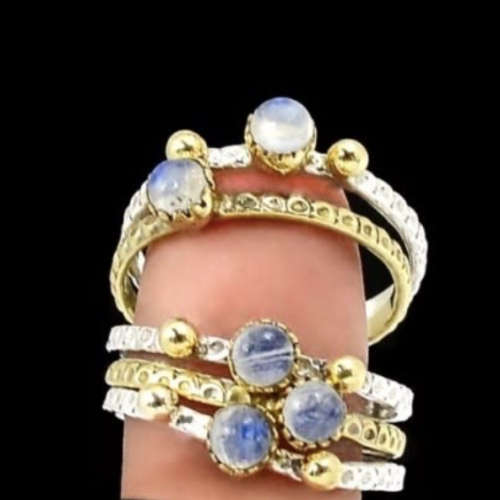 Two Tone Natural Rainbow Moonstone Stacking Ring set in Solid .925 Silver Size US 9 or R1/2