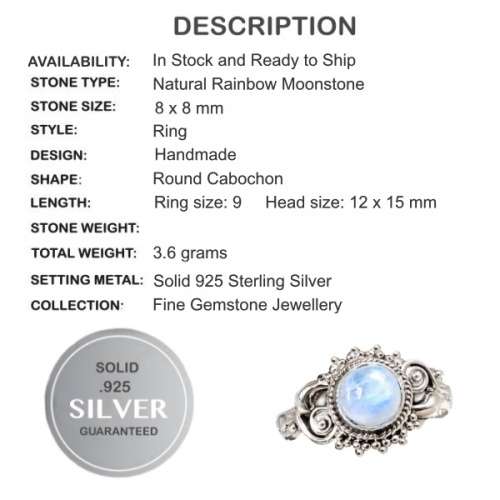 Natural Round Rainbow Moonstone set in Antique Style Solid .925 Sterling Silver Ring Size 9 /R1/2
