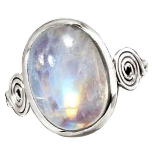 Natural Rainbow Moonstone Oval Gemstone set in Solid .925 Sterling Silver Ring Size US 8 or Q