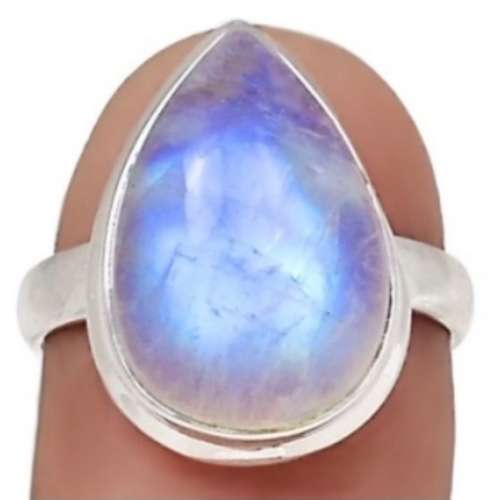 Natural Rainbow Moonstone Pear Shape set in Solid .925 Sterling Silver Ring Size US 7.5 or P