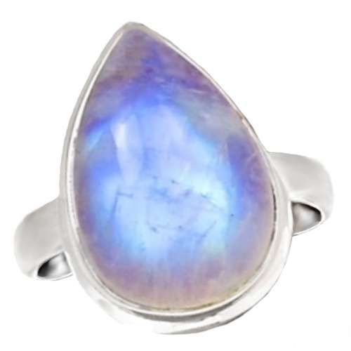 Natural Rainbow Moonstone Pear Shape set in Solid .925 Sterling Silver Ring Size US 7.5 or P
