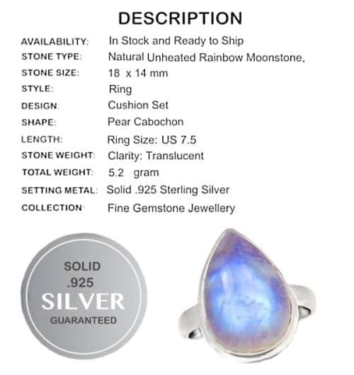Natural Rainbow Moonstone Pear Shape set in Solid .925 Sterling Silver Ring Size US 7.5 or P